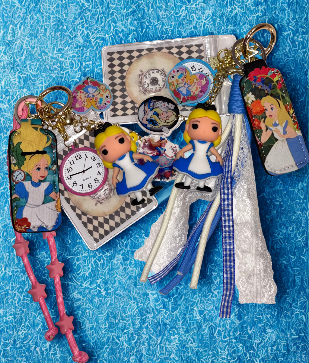 Alice in Wonderland Handmade Bag Charm - Miniature Princess Purse Charm with Real Clock & Ribbon, Handbag Accessory