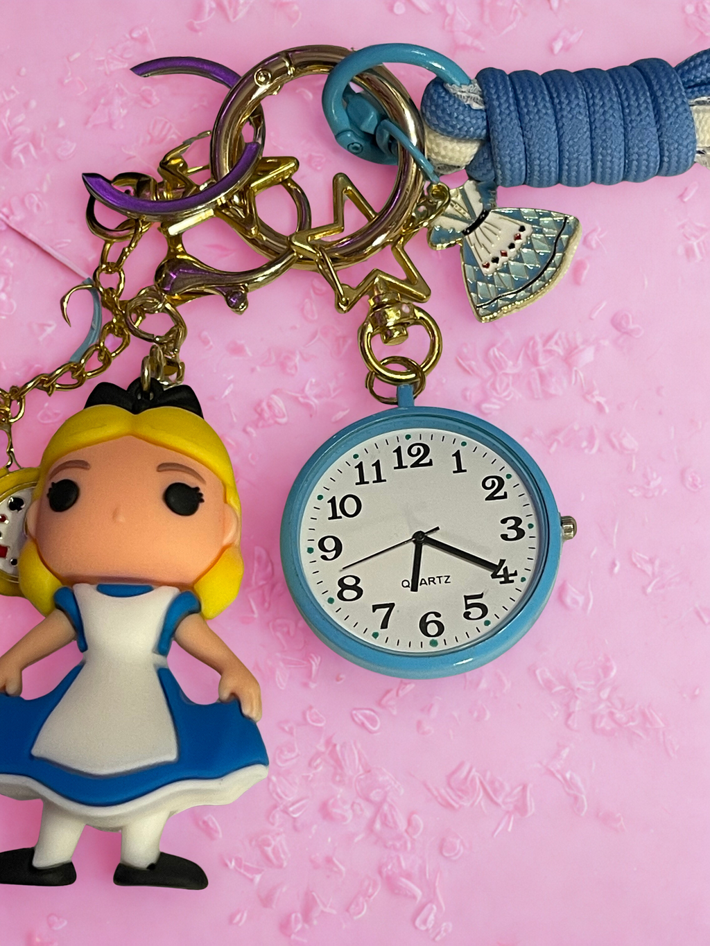 Alice in Wonderland Handmade Bag Charm - Miniature Princess Purse Charm with Real Clock & Ribbon, Handbag Accessory