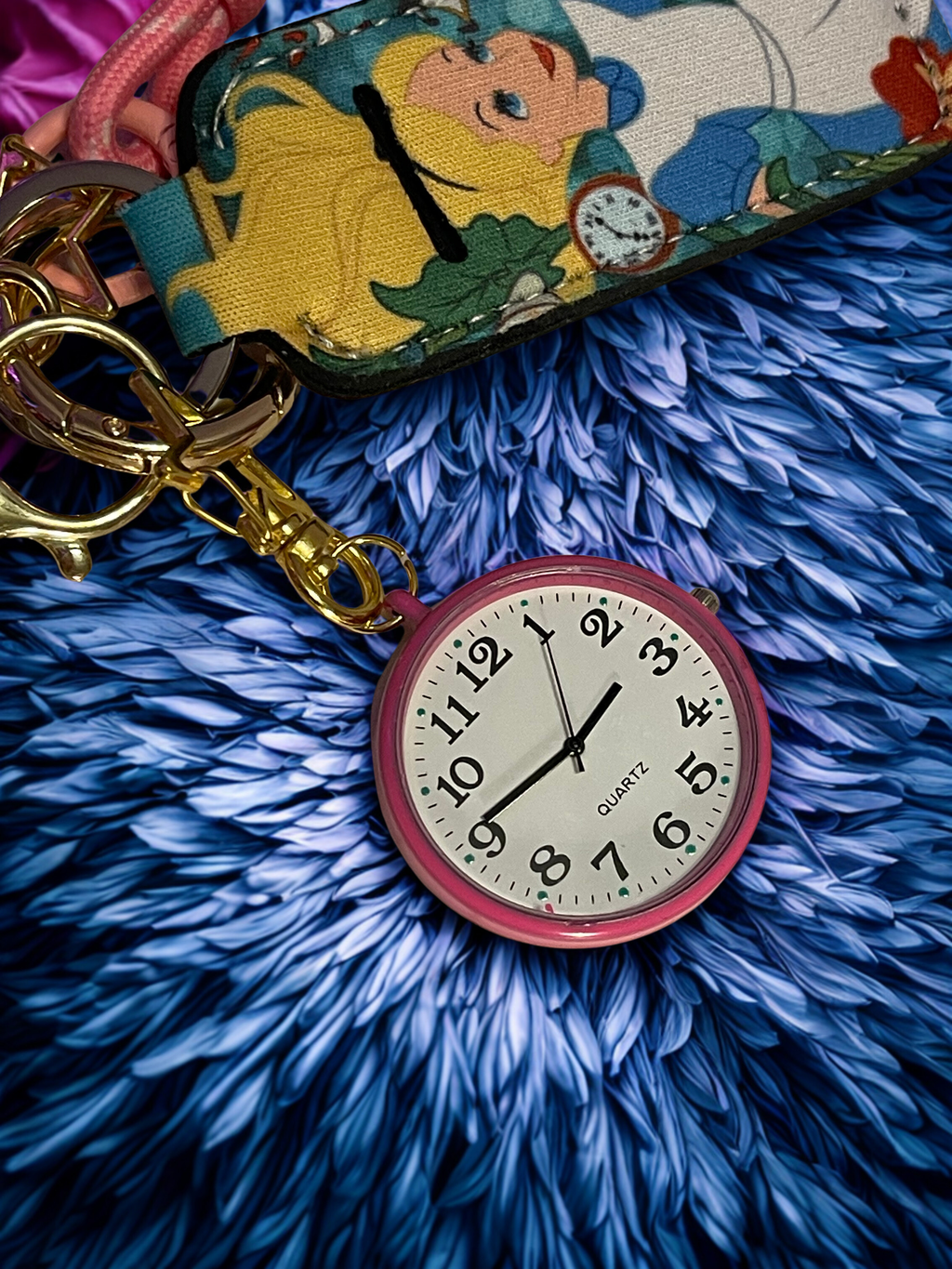 Alice in Wonderland Handmade Bag Charm - Miniature Princess Purse Charm with Real Clock & Ribbon, Handbag Accessory