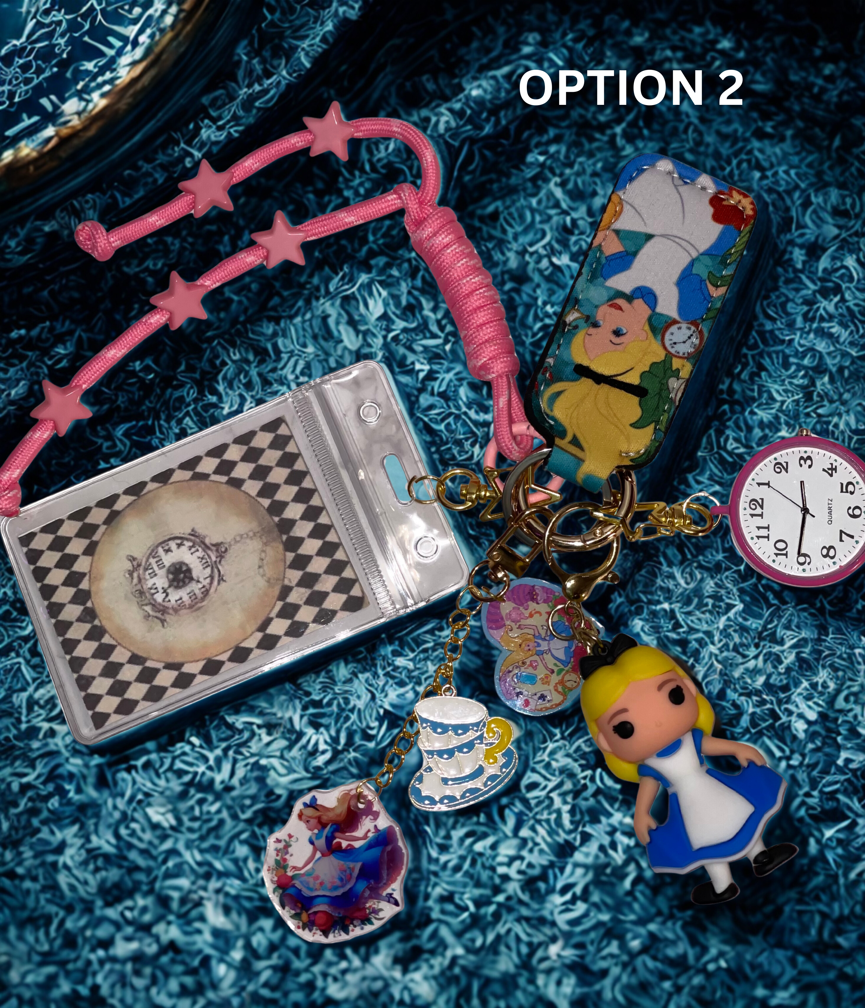 Alice in Wonderland Handmade Bag Charm - Miniature Princess Purse Charm with Real Clock & Ribbon, Handbag Accessory