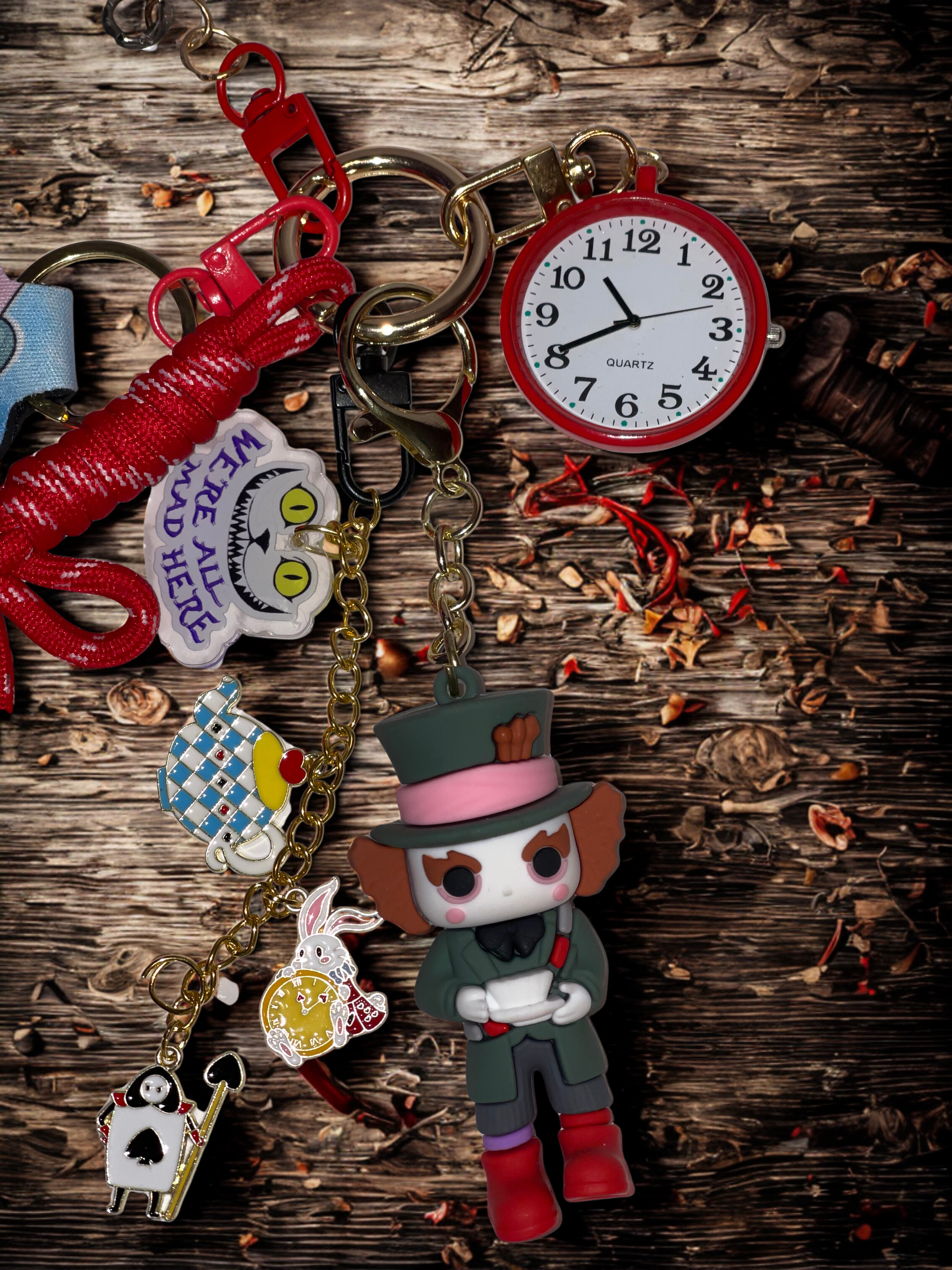 Mad Hatter Tea Party Handmade Bag Charm - Character Purse Charm with Real Clock & Lipstick Holder, Handbag Accessory