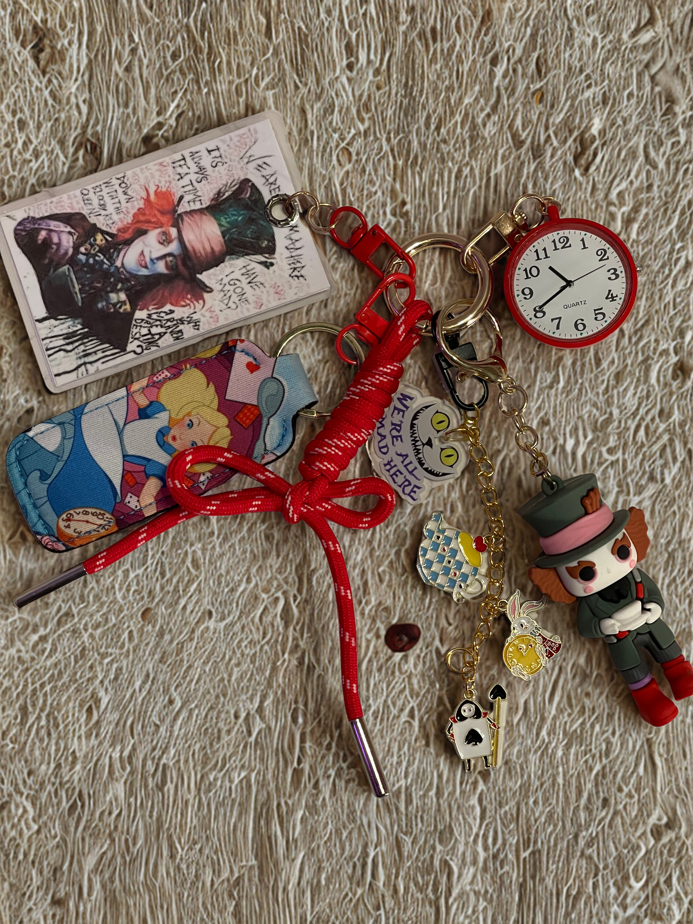 Mad Hatter Tea Party Handmade Bag Charm - Character Purse Charm with Real Clock & Lipstick Holder, Handbag Accessory