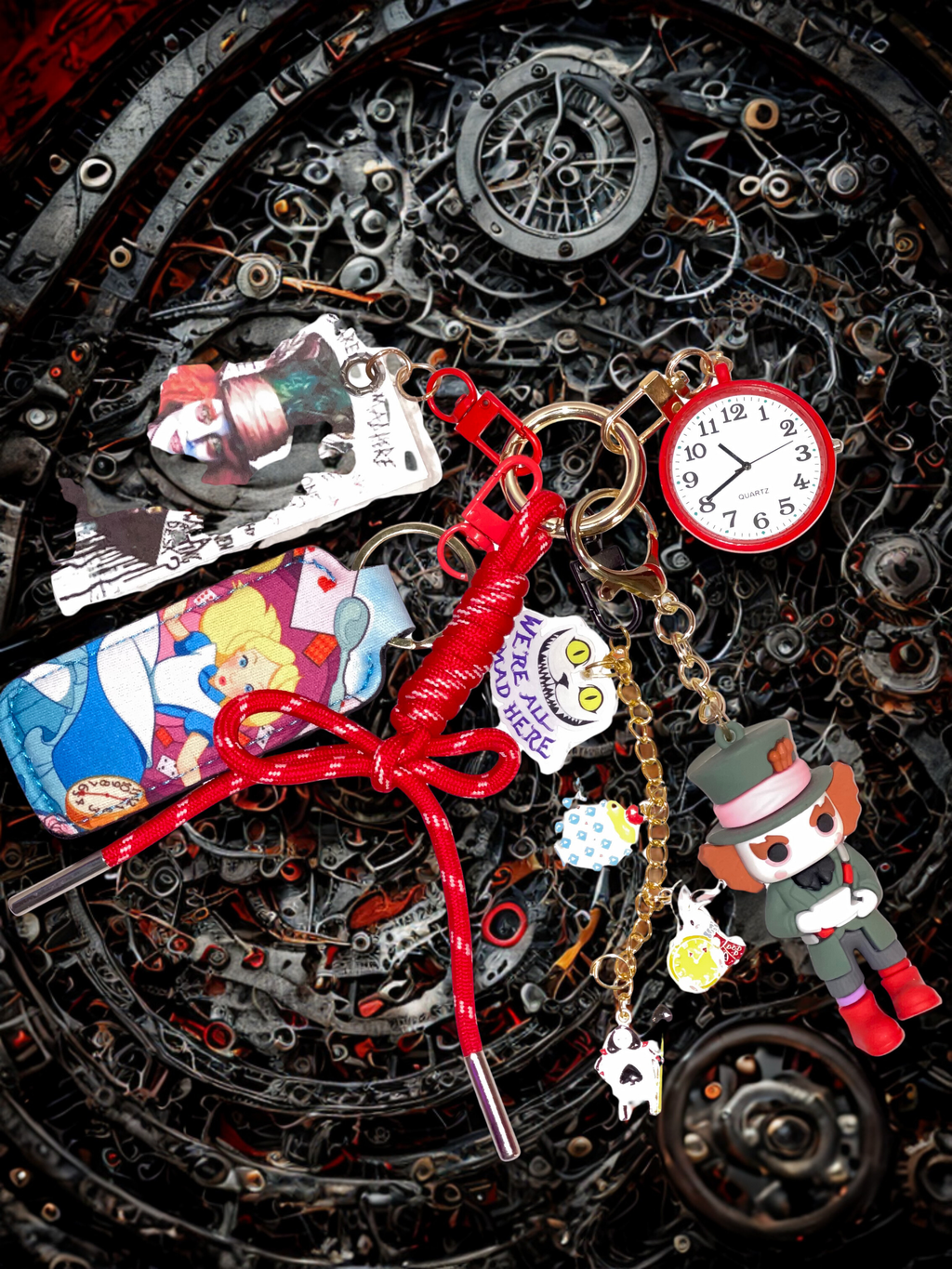 Mad Hatter Tea Party Handmade Bag Charm - Character Purse Charm with Real Clock & Lipstick Holder, Handbag Accessory