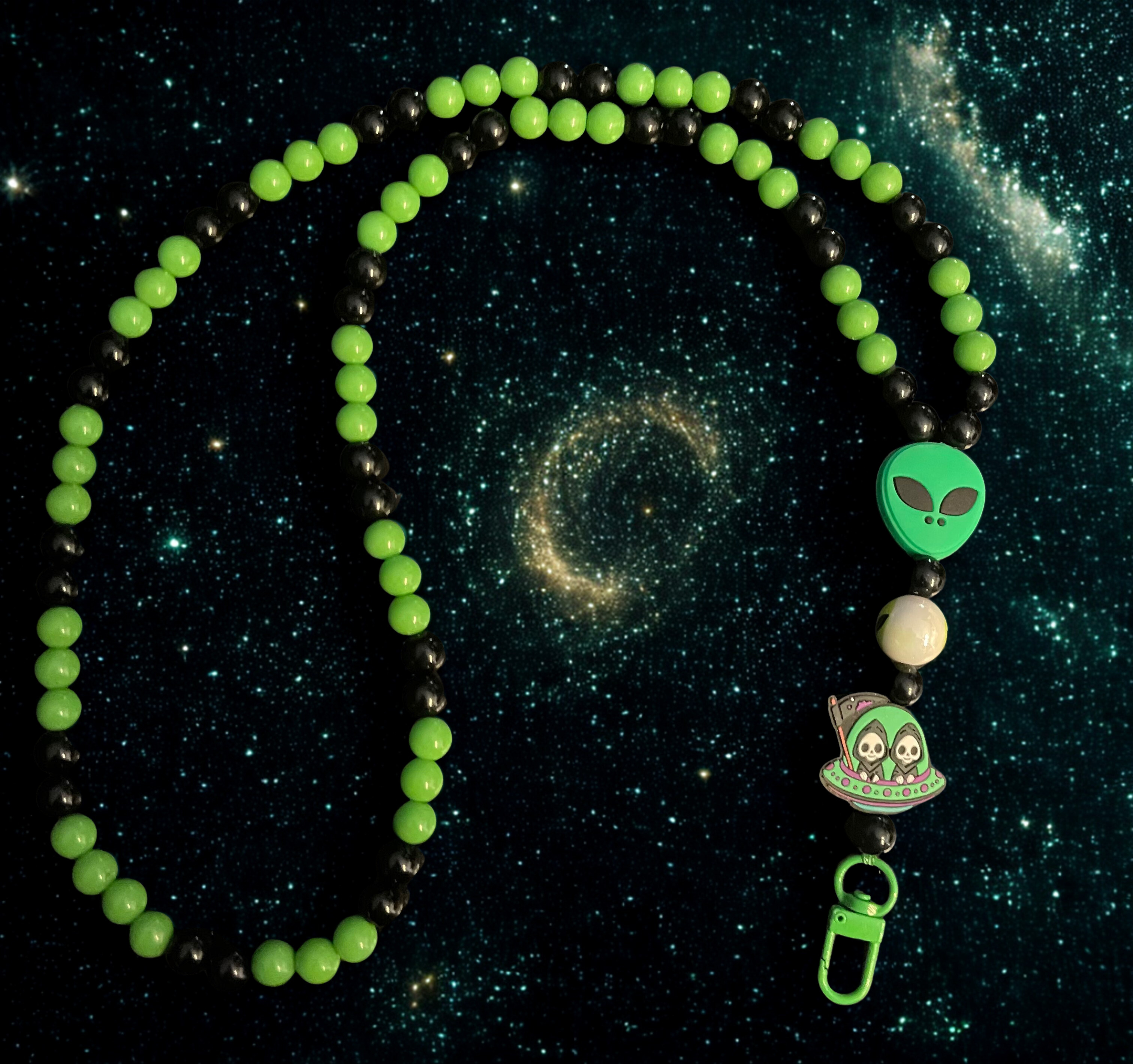 Alien & Astronaut Handmade Beaded Lanyard - Colorful Space Theme Bead Lanyard, Over the Neck ID Holder