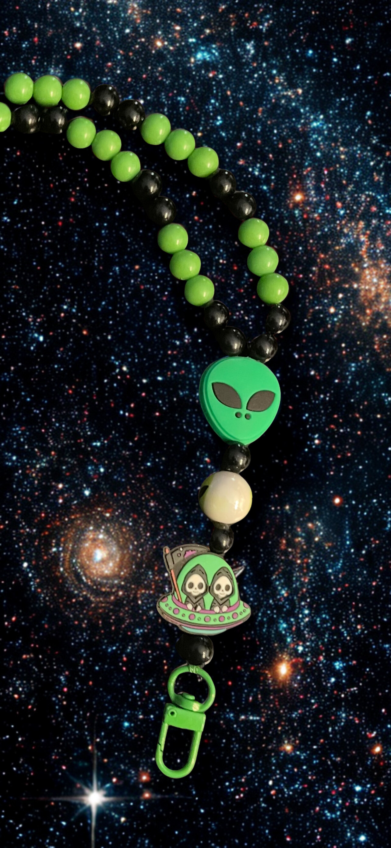 Alien & Astronaut Handmade Beaded Lanyard - Colorful Space Theme Bead Lanyard, Over the Neck ID Holder