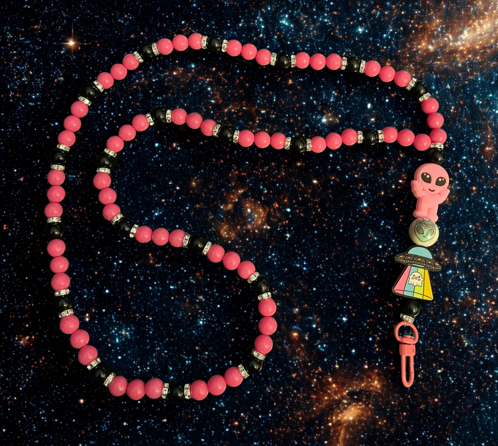 Alien & Astronaut Handmade Beaded Lanyard - Colorful Space Theme Bead Lanyard, Over the Neck ID Holder