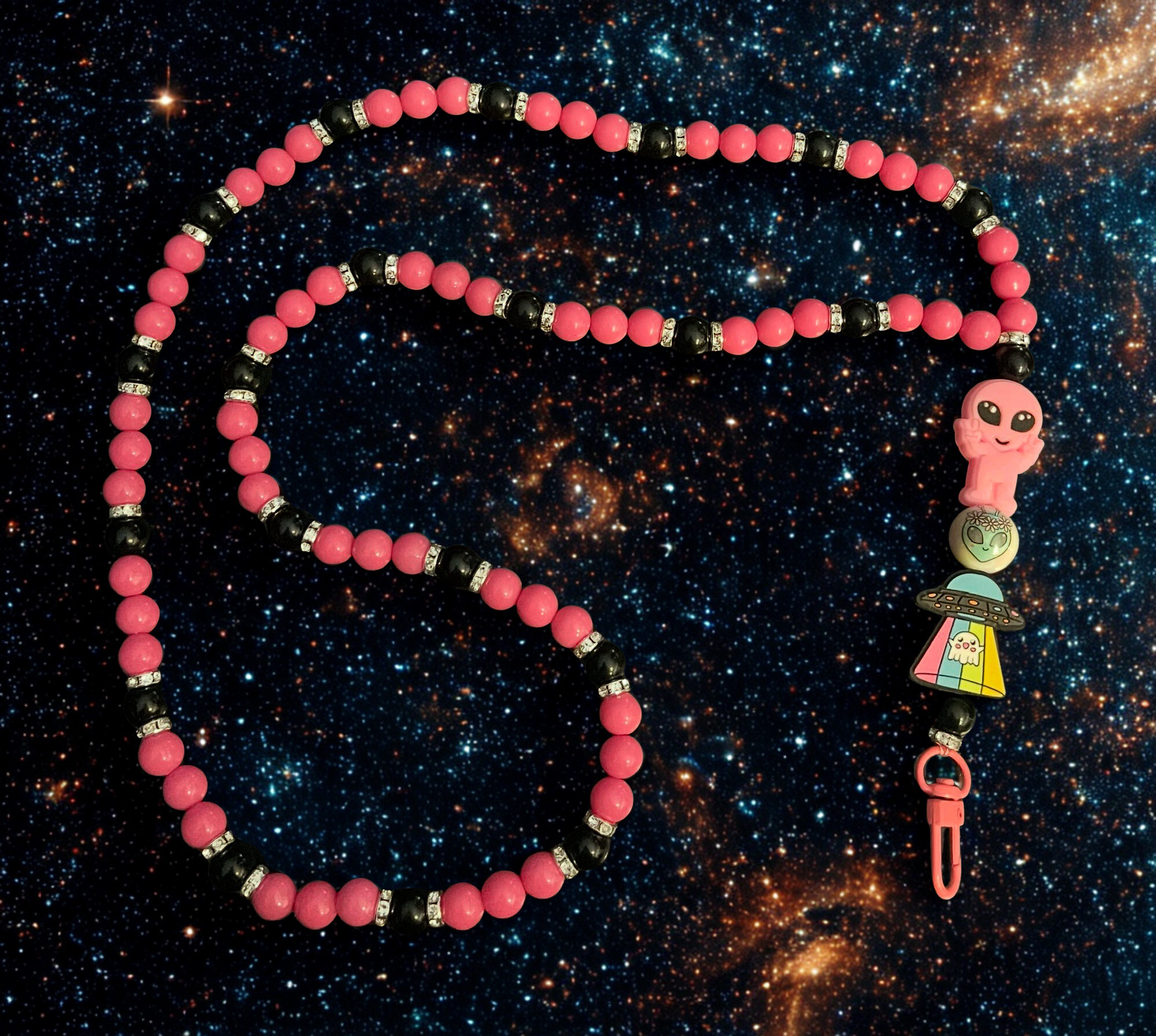 Alien & Astronaut Handmade Beaded Lanyard - Colorful Space Theme Bead Lanyard, Over the Neck ID Holder