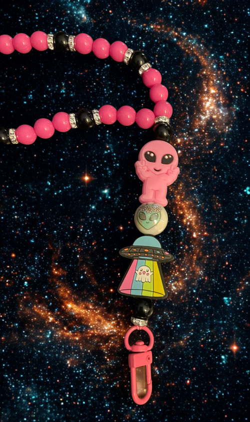 Alien & Astronaut Handmade Beaded Lanyard - Colorful Space Theme Bead Lanyard, Over the Neck ID Holder