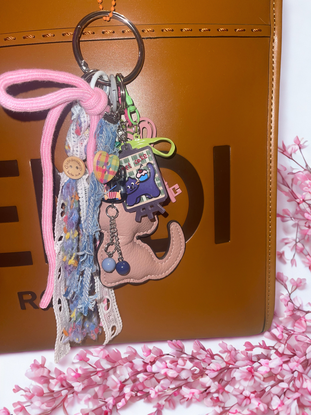 Kitty Handmade Bag Charm - Leather Kitten Purse Charm with Acrylics & Ribbon, Handbag Accessory