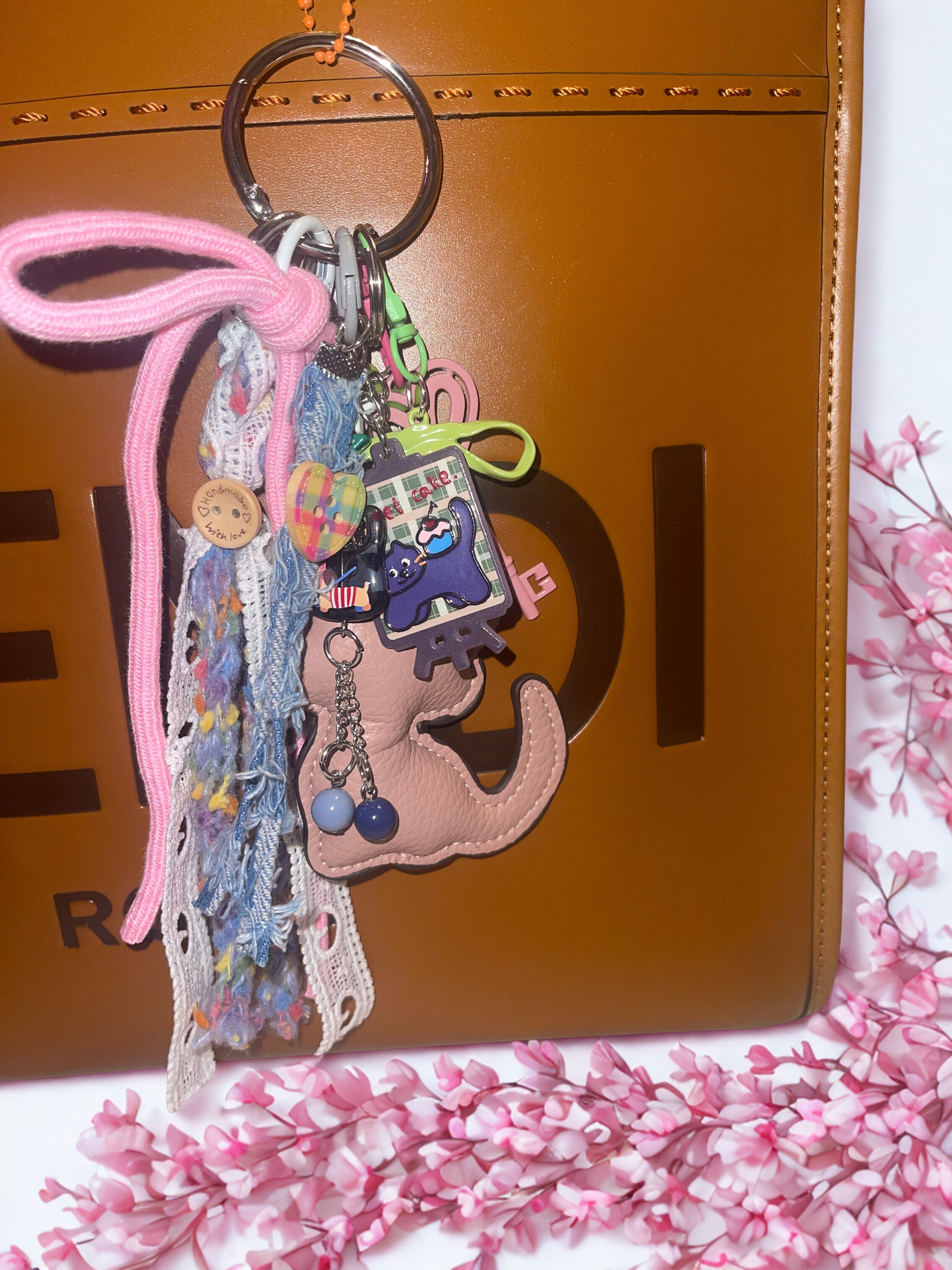 Kitty Handmade Bag Charm - Leather Kitten Purse Charm with Acrylics & Ribbon, Handbag Accessory