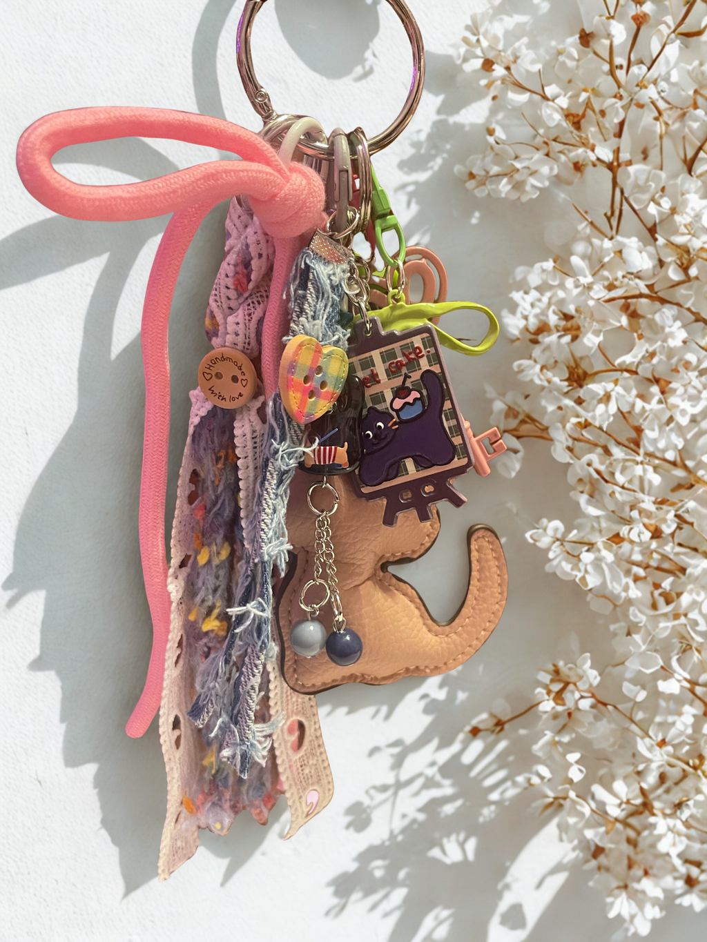 Kitty Handmade Bag Charm - Leather Kitten Purse Charm with Acrylics & Ribbon, Handbag Accessory