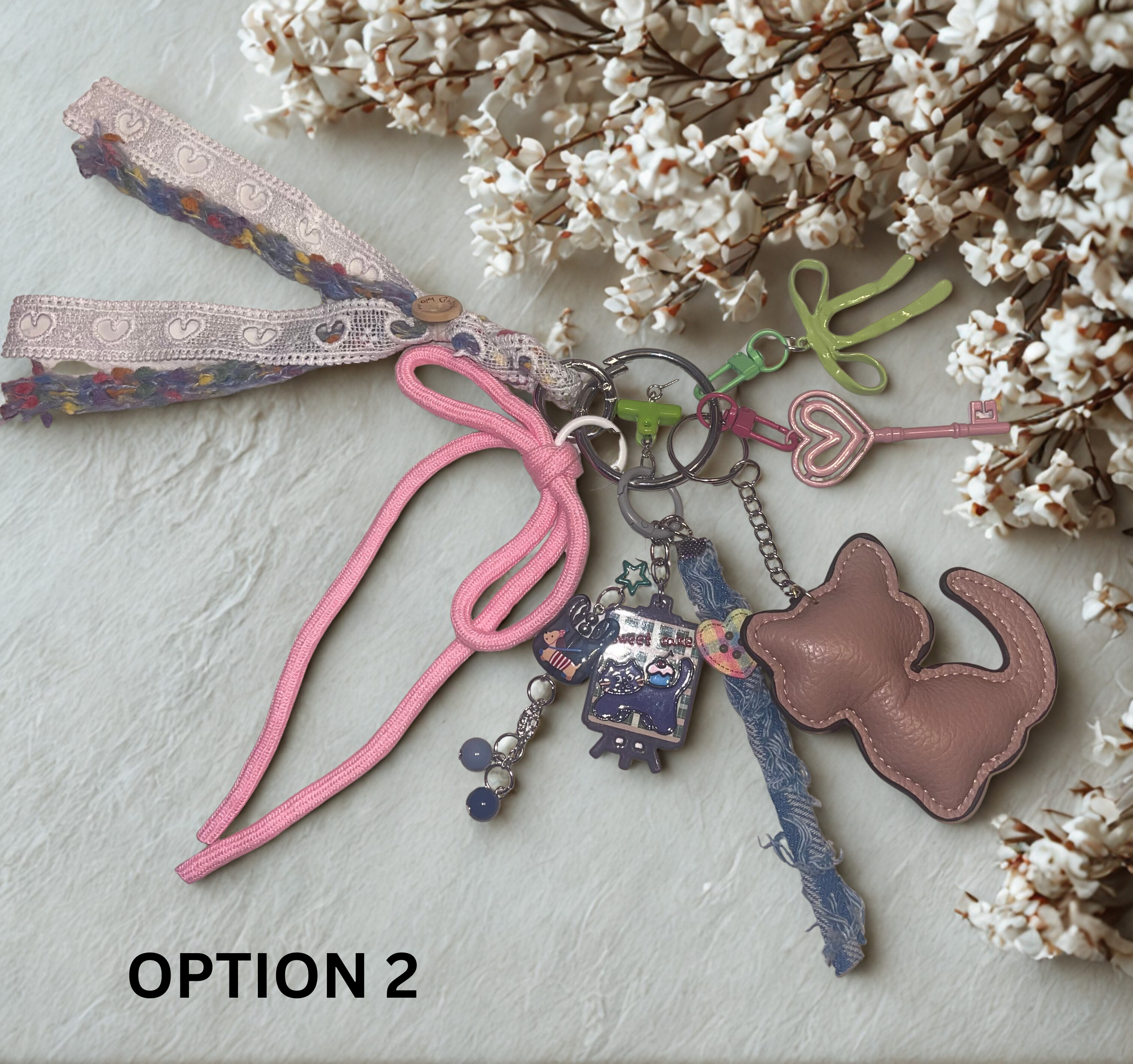 Kitty Handmade Bag Charm - Leather Kitten Purse Charm with Acrylics & Ribbon, Handbag Accessory