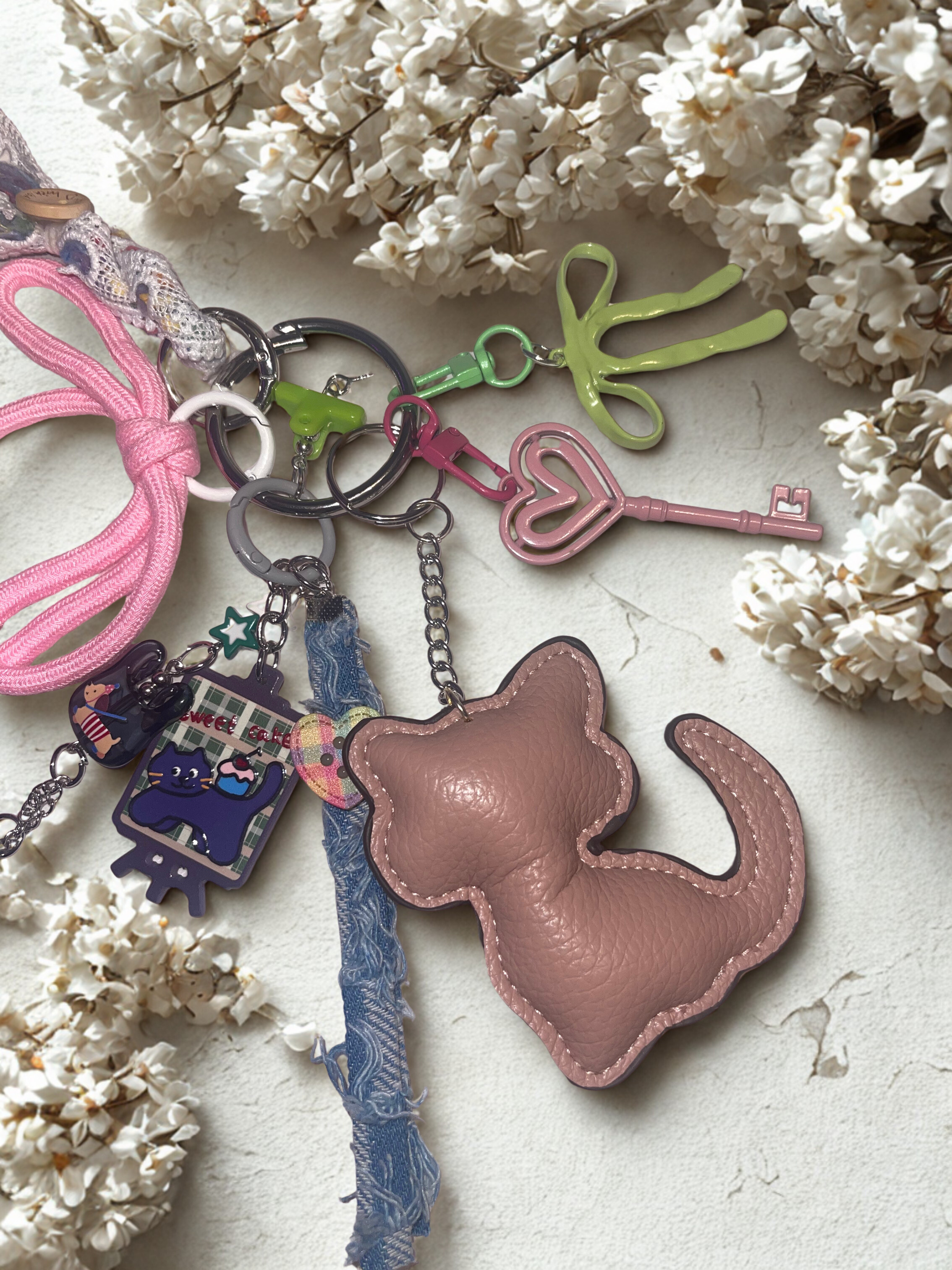 Kitty Handmade Bag Charm - Leather Kitten Purse Charm with Acrylics & Ribbon, Handbag Accessory