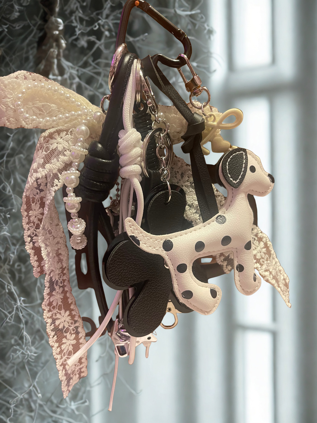 Doggie Handmade Bag Charm - Leather Dog Purse Charm with Ribbon & Embellishments, Handbag Accessory