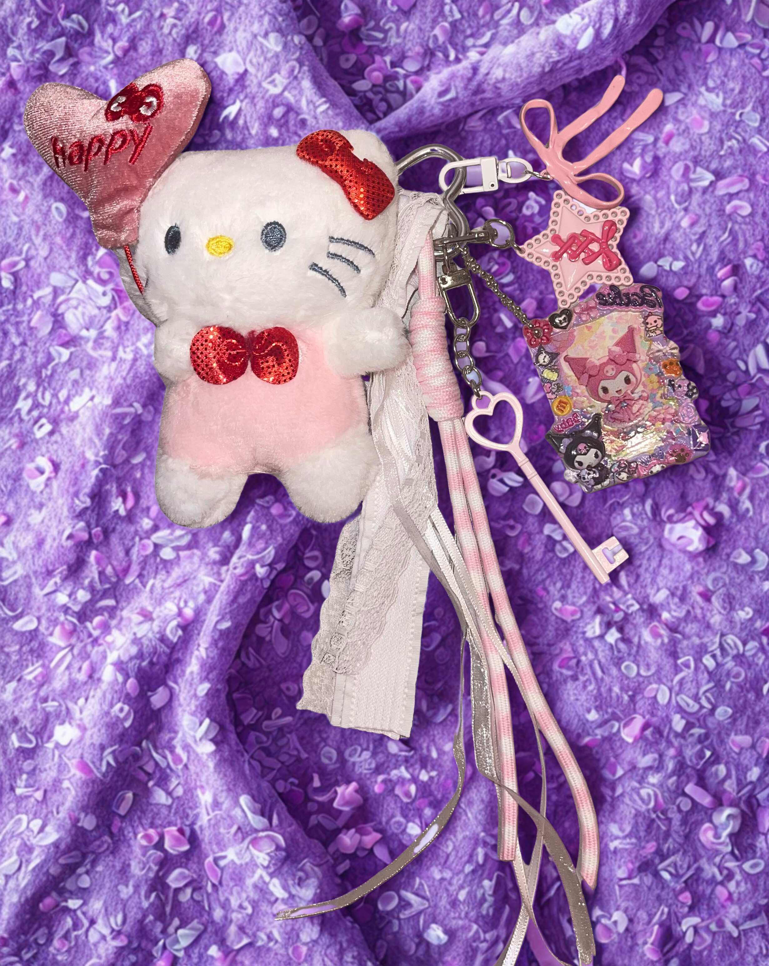 Balloon Kitty Handmade Bag Charm - Beaded Purse Charm with Acrylic Tags & Ribbon, Handbag Accessory