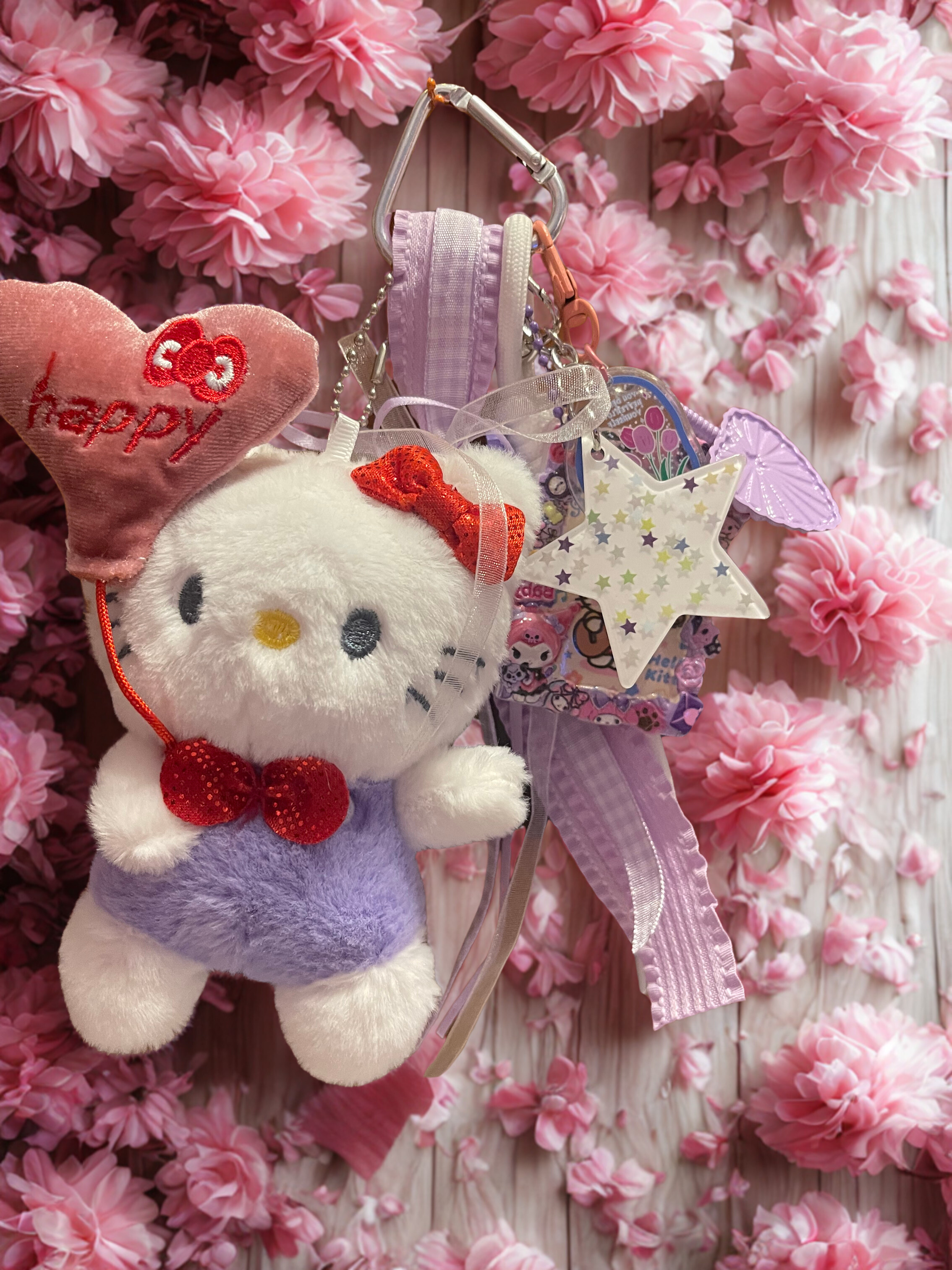 Balloon Kitty Handmade Bag Charm - Beaded Purse Charm with Acrylic Tags & Ribbon, Handbag Accessory