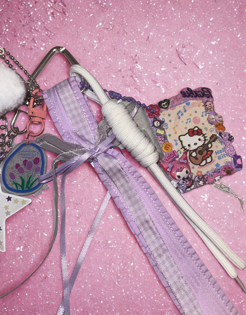 Balloon Kitty Handmade Bag Charm - Beaded Purse Charm with Acrylic Tags & Ribbon, Handbag Accessory