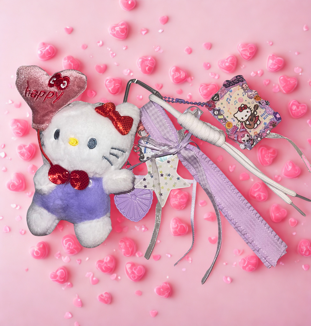 Balloon Kitty Handmade Bag Charm - Beaded Purse Charm with Acrylic Tags & Ribbon, Handbag Accessory