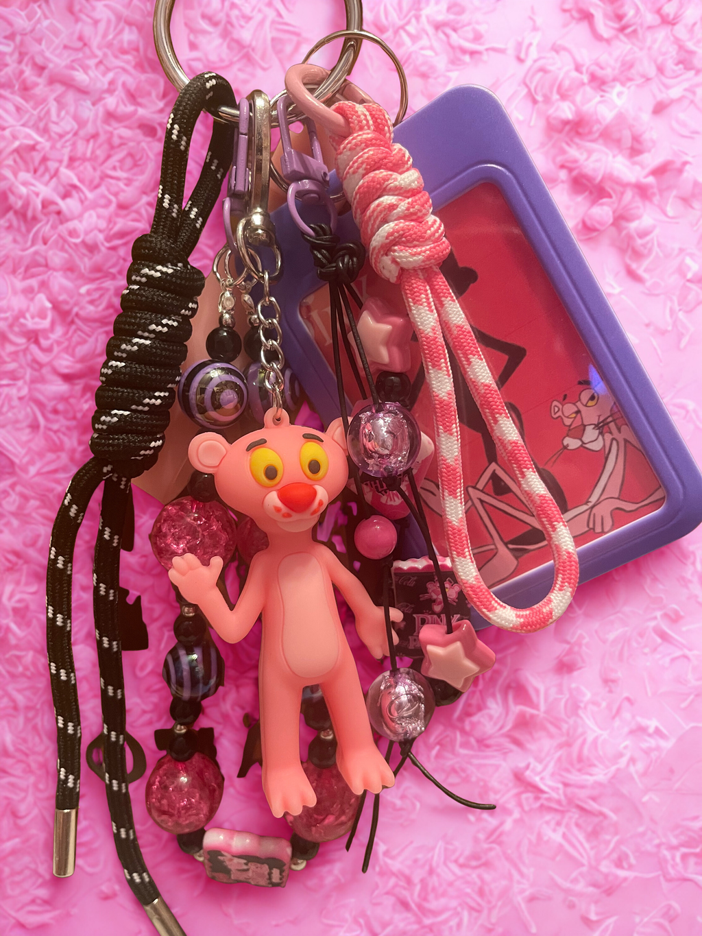 Pink Panther Handmade Bag Charm - Pink & Black Beaded Purse Charm, Character Handbag Accessory
