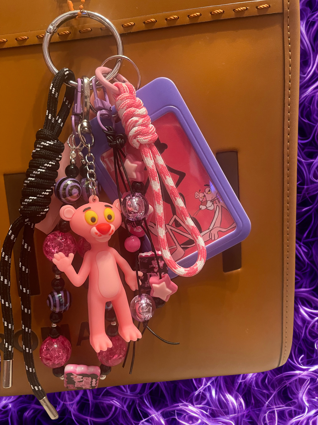 Pink Panther Handmade Bag Charm - Pink & Black Beaded Purse Charm, Character Handbag Accessory