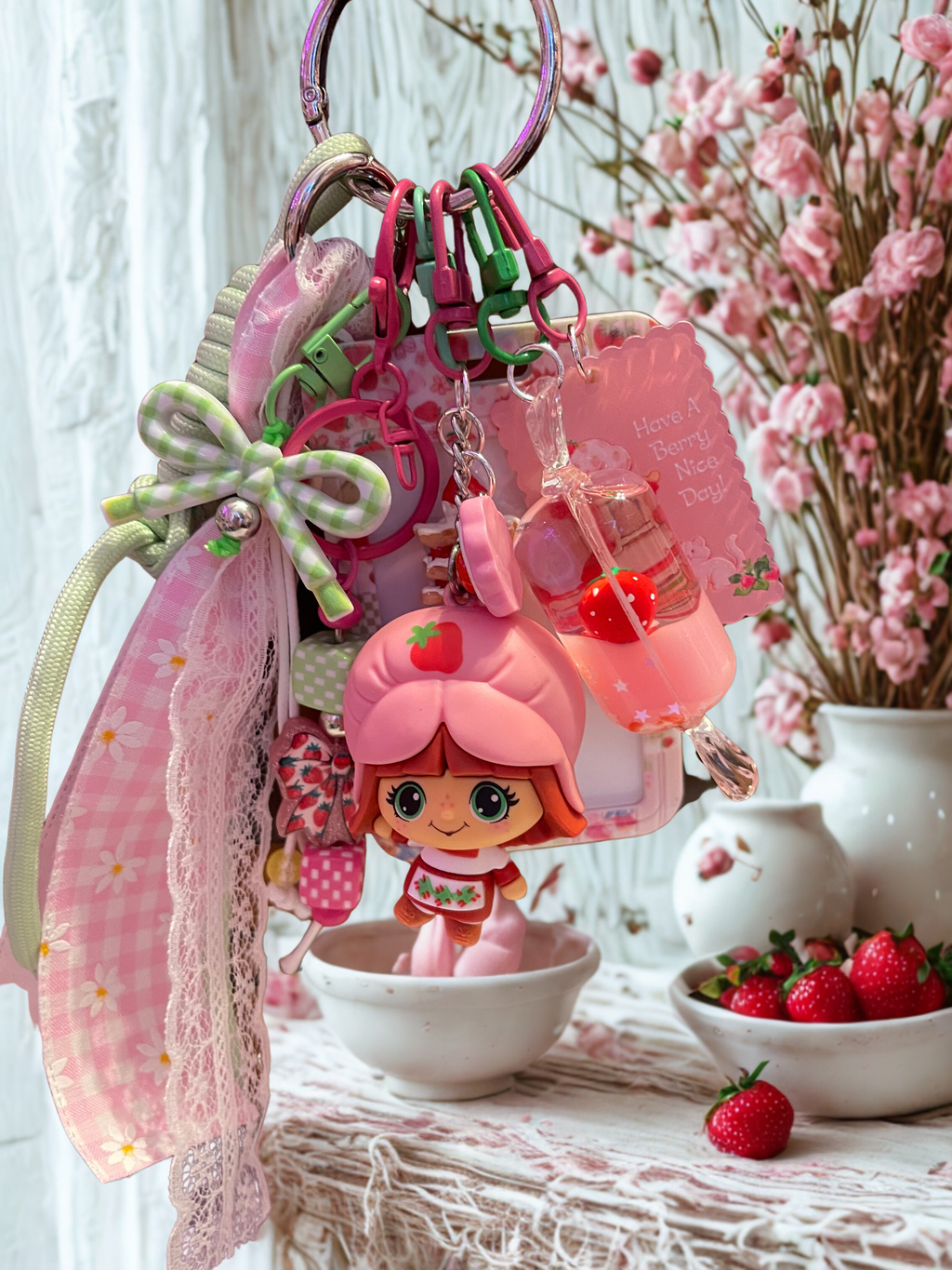 Strawberry Girl Handmade Bag Charm - Beaded Purse Charm with Miniature Doll, Handbag Accessory