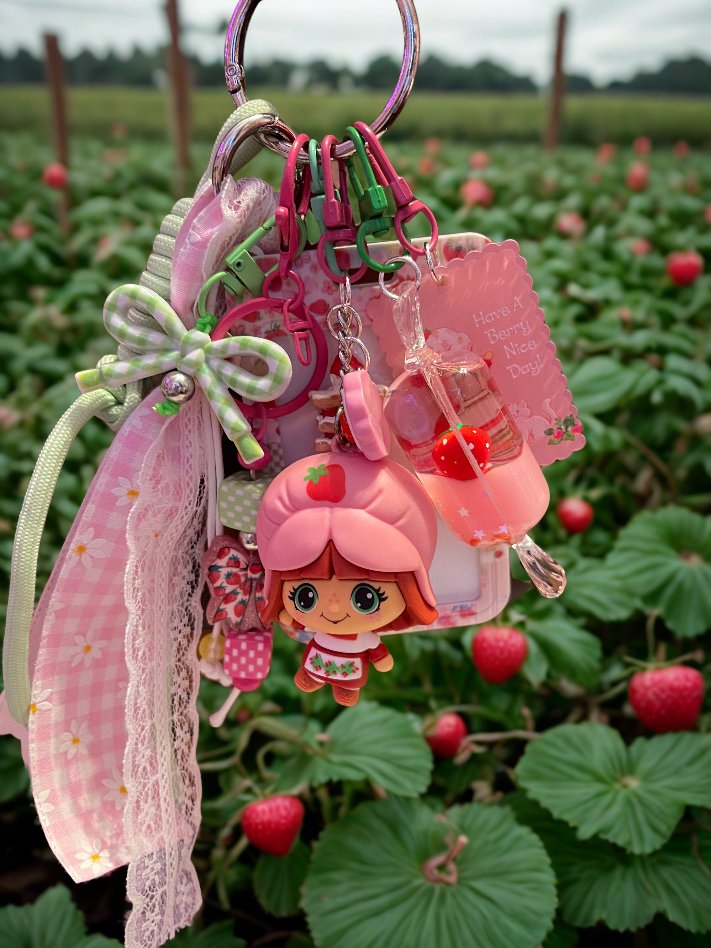 Strawberry Girl Handmade Bag Charm - Beaded Purse Charm with Miniature Doll, Handbag Accessory