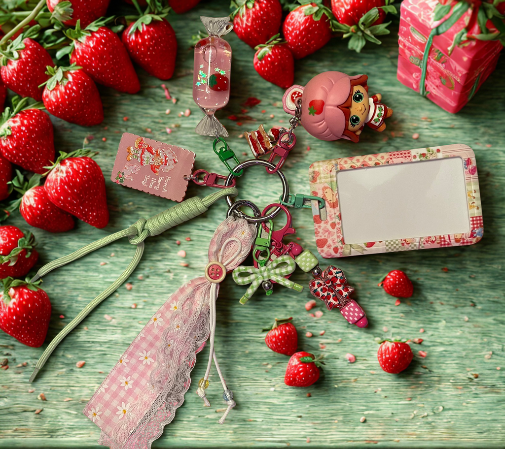 Strawberry Girl Handmade Bag Charm - Beaded Purse Charm with Miniature Doll, Handbag Accessory