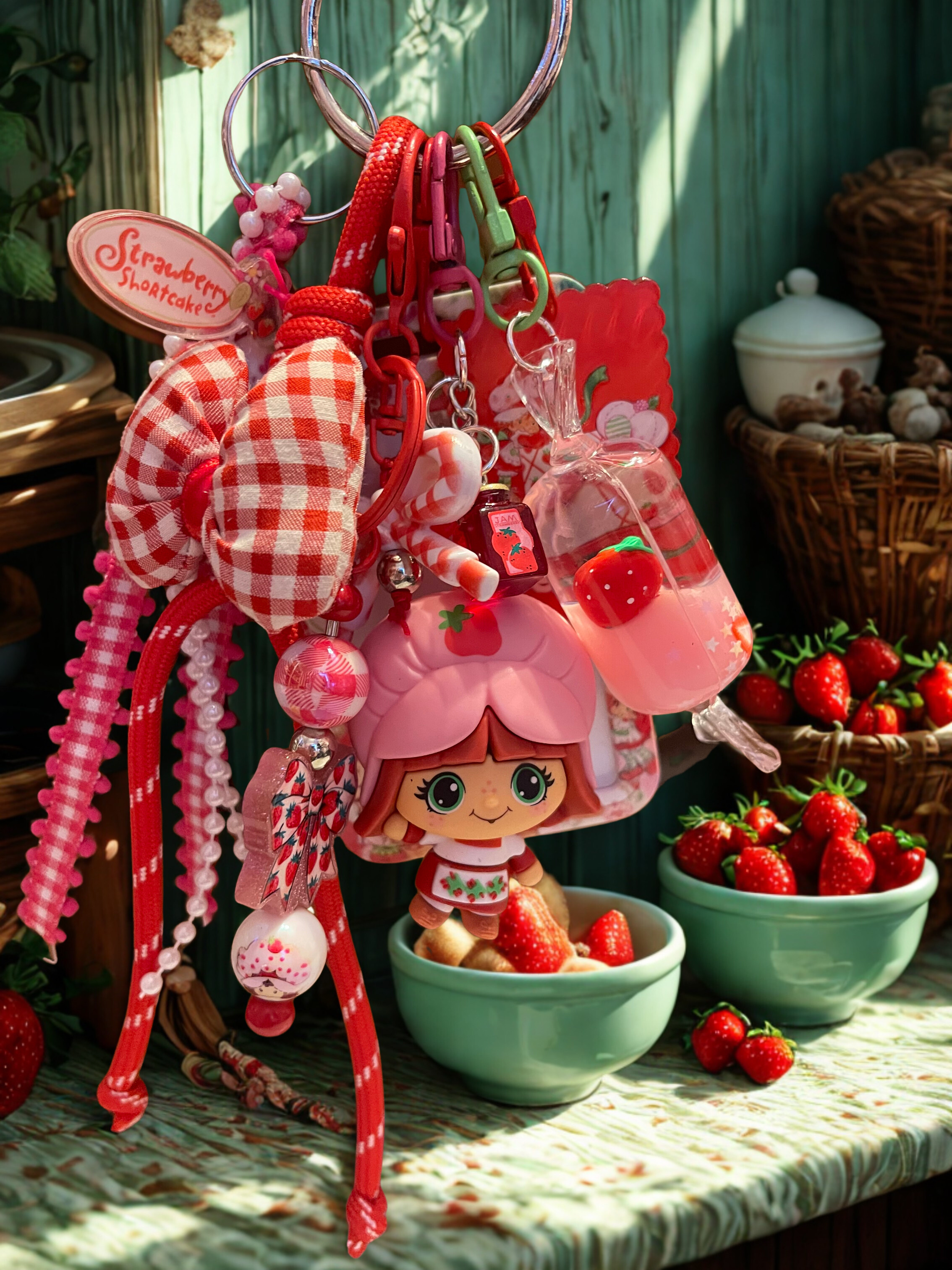 Strawberry Girl Handmade Bag Charm - Beaded Purse Charm with Miniature Doll, Handbag Accessory