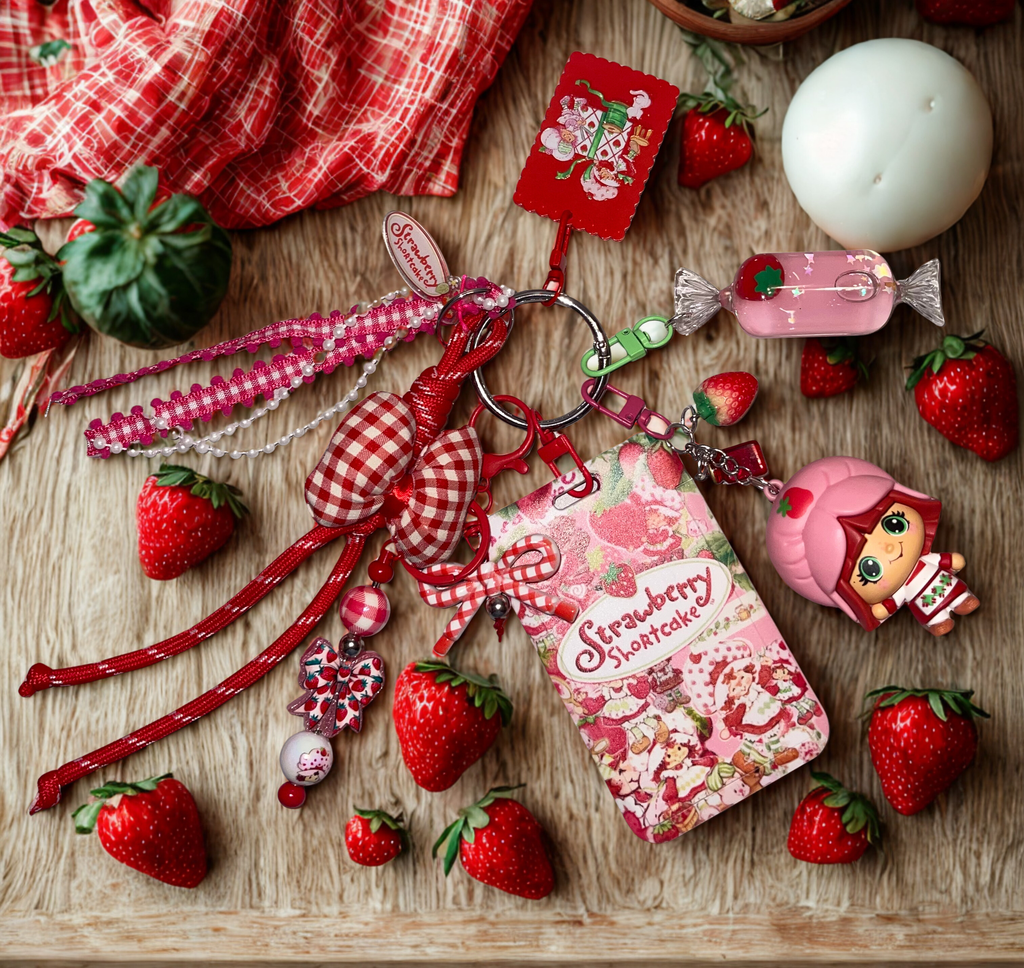 Strawberry Girl Handmade Bag Charm - Beaded Purse Charm with Miniature Doll, Handbag Accessory