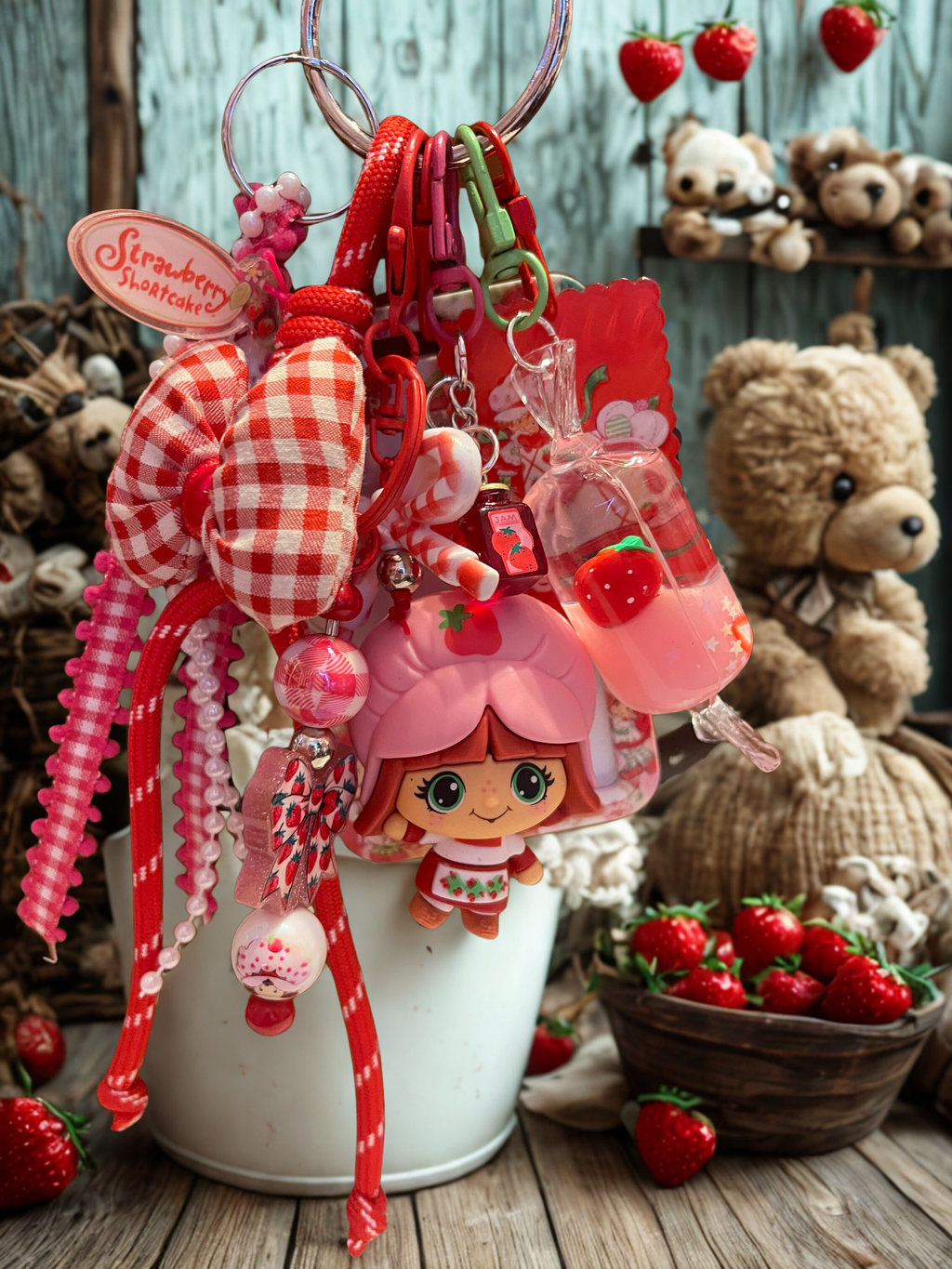 Strawberry Girl Handmade Bag Charm - Beaded Purse Charm with Miniature Doll, Handbag Accessory