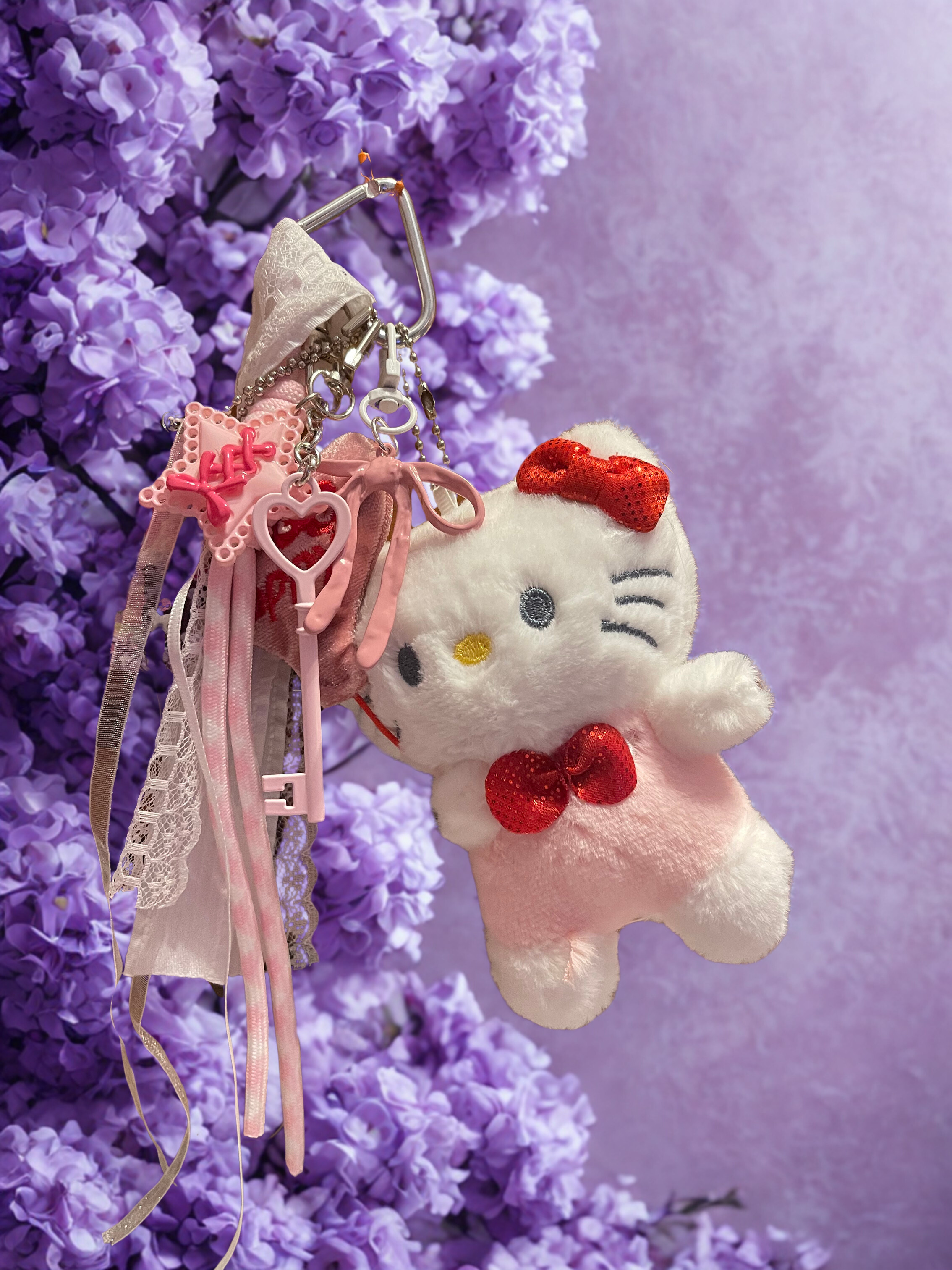 Balloon Kitty Handmade Bag Charm - Beaded Purse Charm with Acrylic Tags & Ribbon, Handbag Accessory