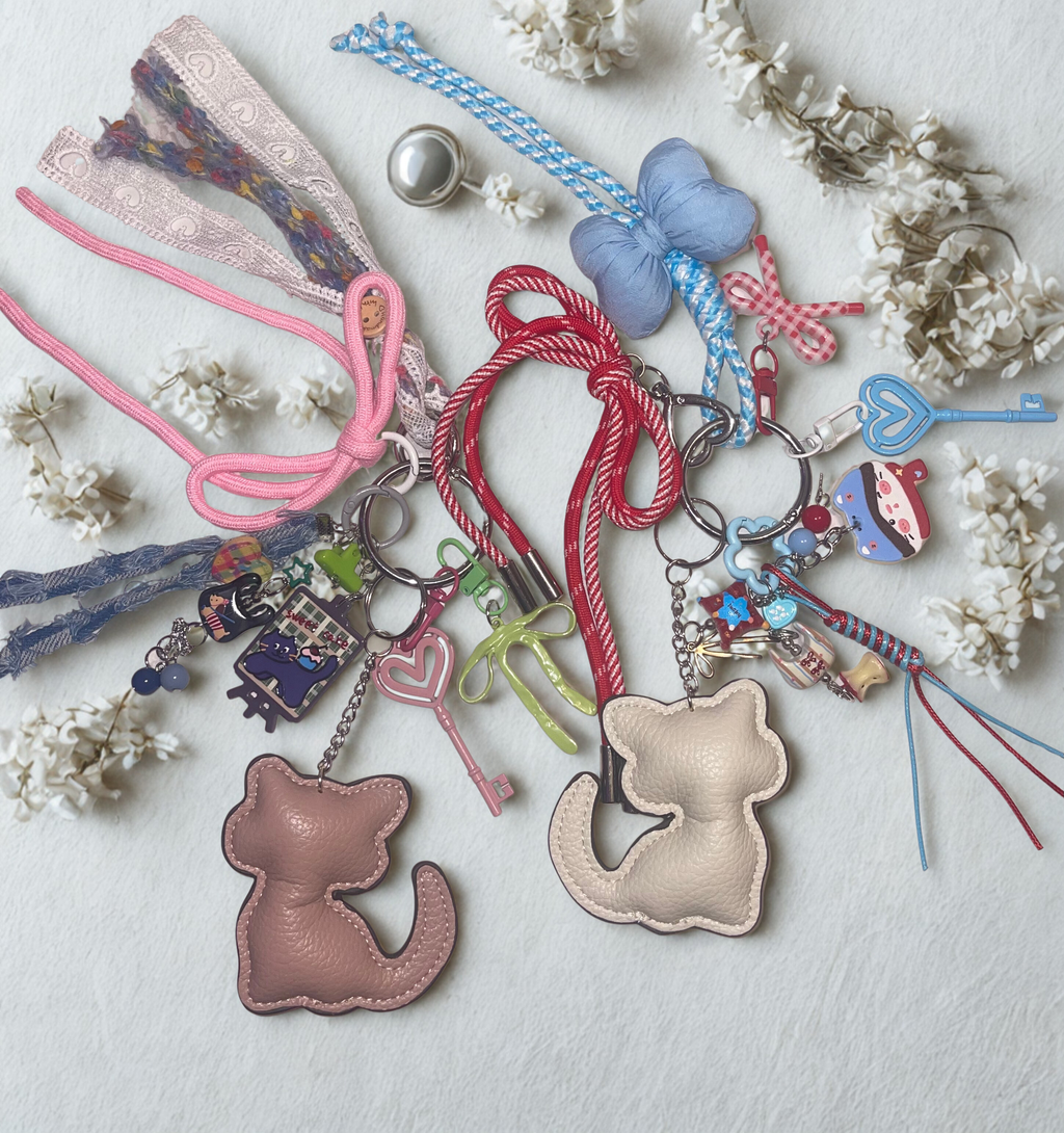 Kitty Handmade Bag Charm - Leather Kitten Purse Charm with Acrylics & Ribbon, Handbag Accessory