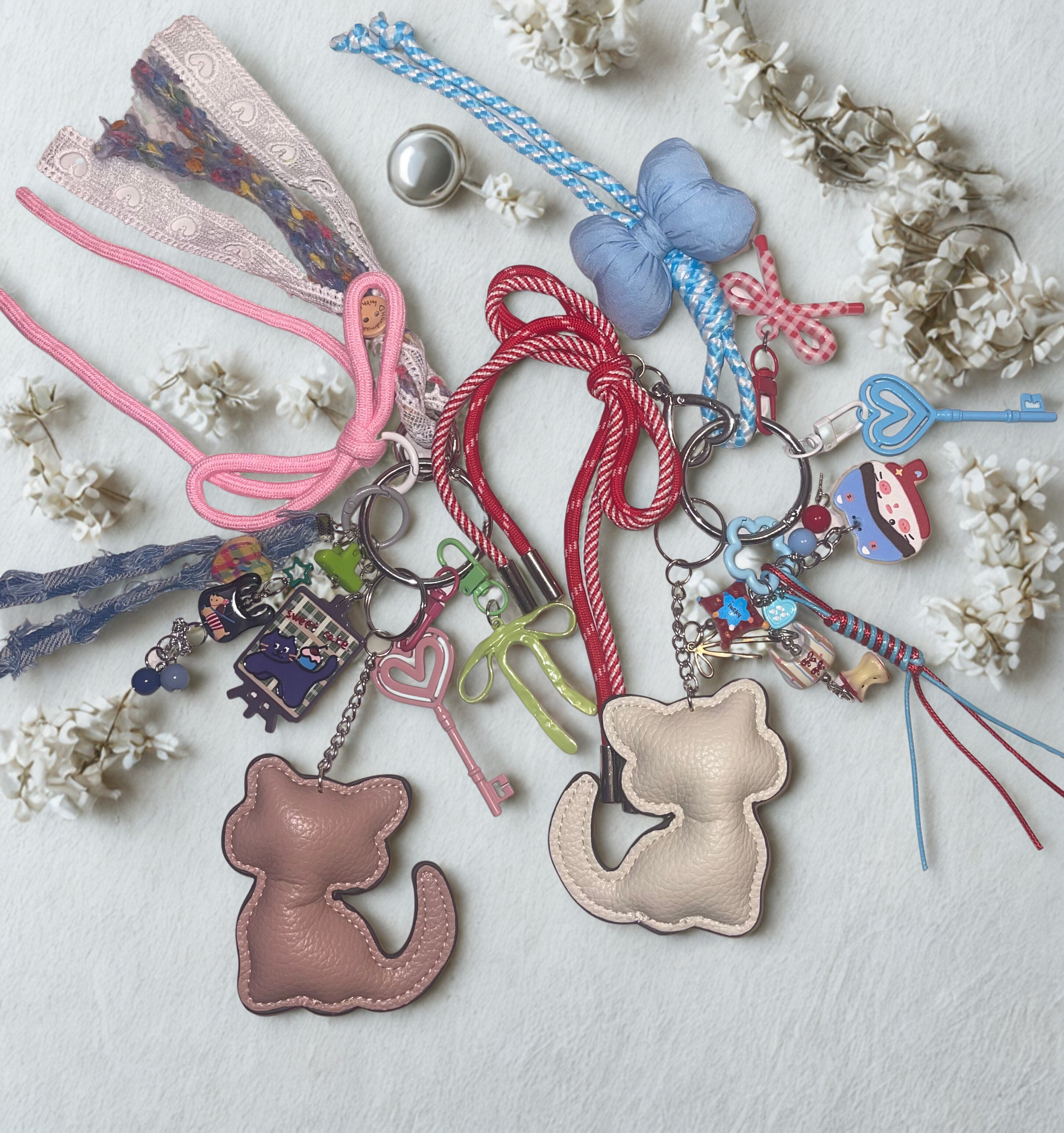 Kitty Handmade Bag Charm - Leather Kitten Purse Charm with Acrylics & Ribbon, Handbag Accessory