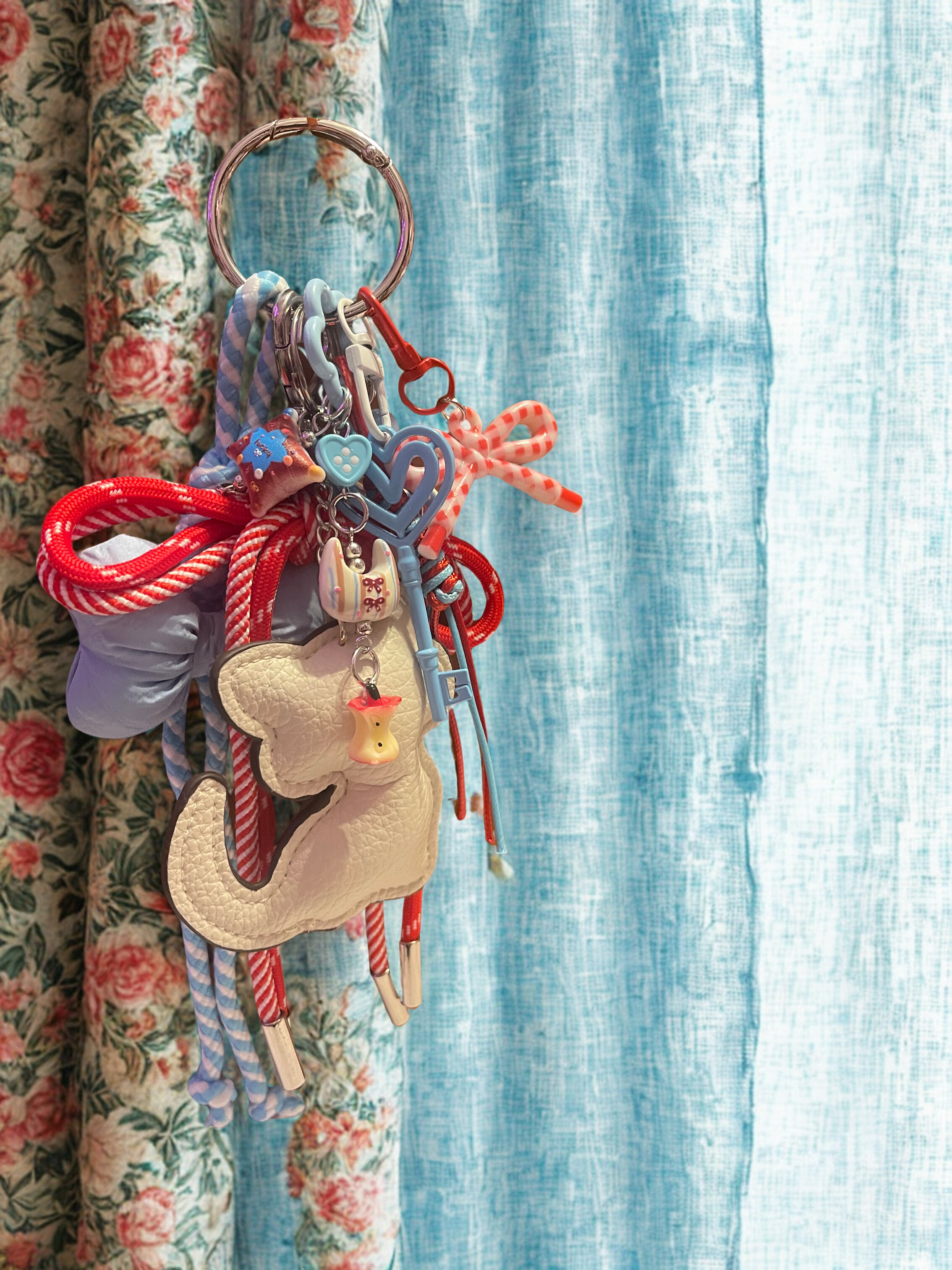 Kitty Handmade Bag Charm - Leather Kitten Purse Charm with Acrylics & Ribbon, Handbag Accessory