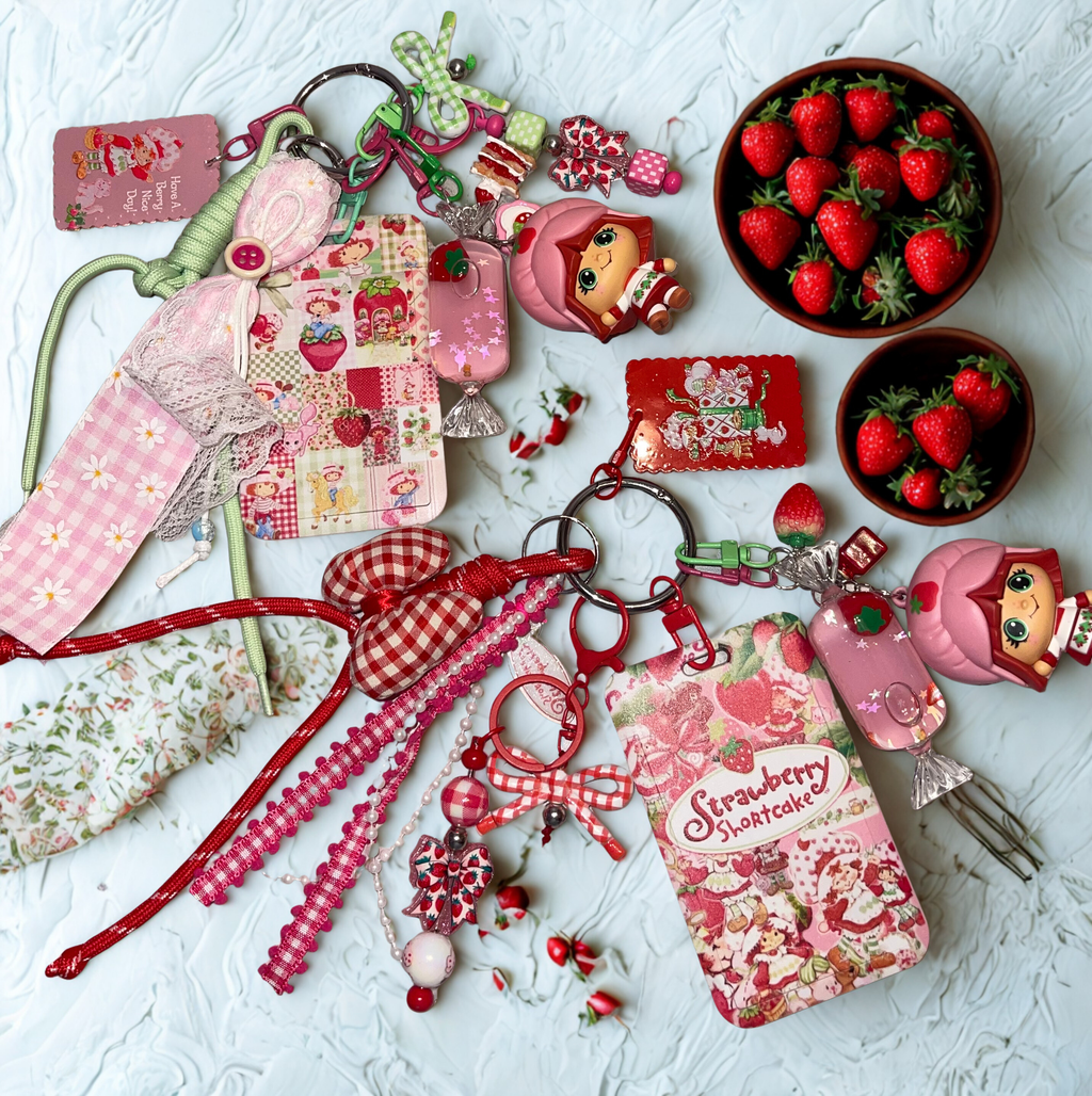 Strawberry Girl Handmade Bag Charm - Beaded Purse Charm with Miniature Doll, Handbag Accessory