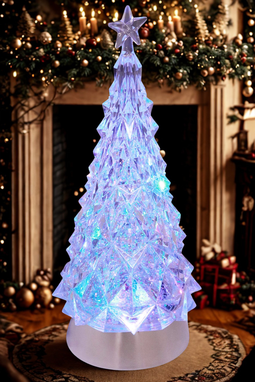 Crystal Christmas Tree Glittering Snowfall Lantern | Multi-Color LED Snow Globe