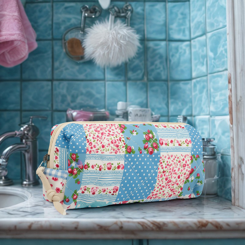 Four country quilt bags open showing interior compartments and contents