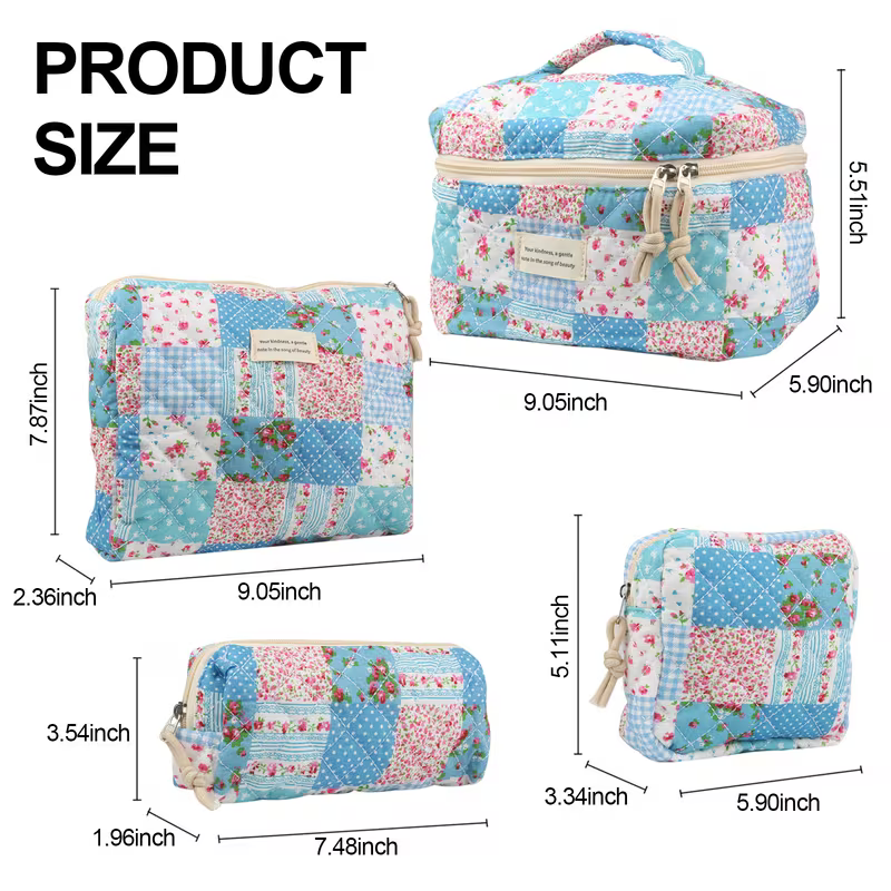 Country quilt medium makeup bag on marble bathroom counter
