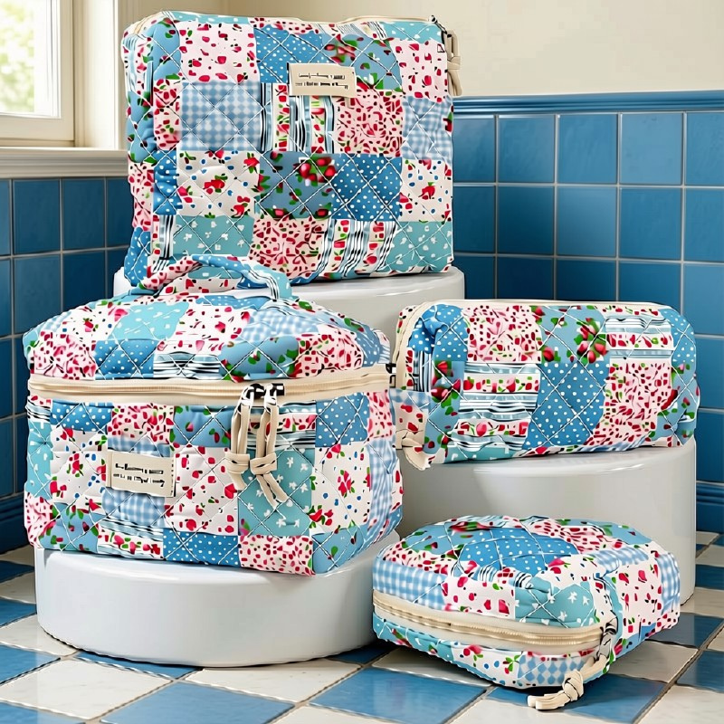 Small country quilt cosmetic pouch on rustic bathroom counter