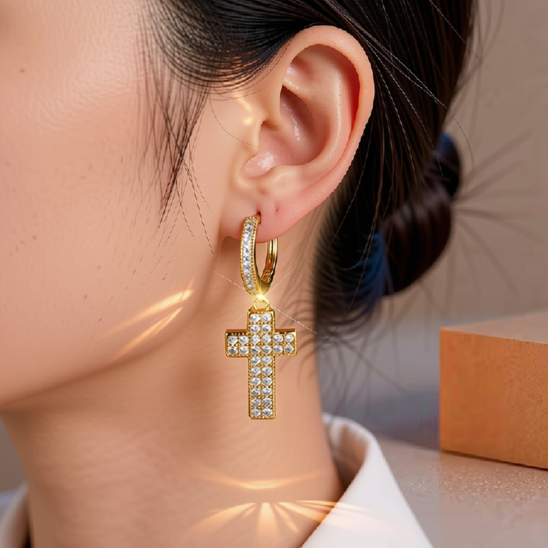 Cross Cubic Zirconia Hoop Drop Earrings
