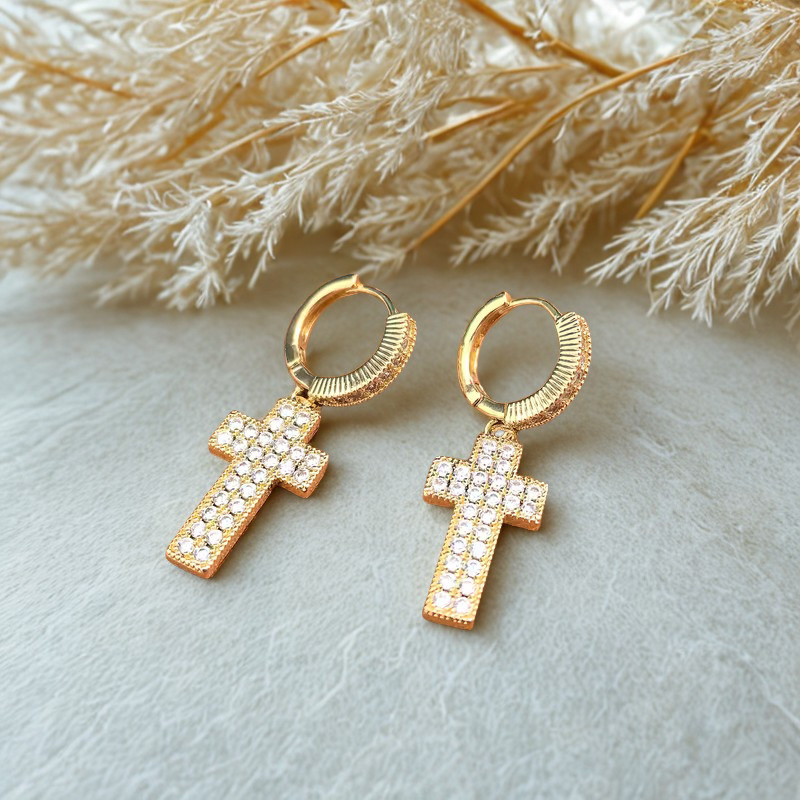 Cross Cubic Zirconia Hoop Drop Earrings