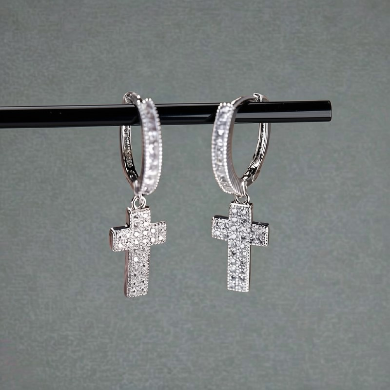 Cross Cubic Zirconia Hoop Drop Earrings