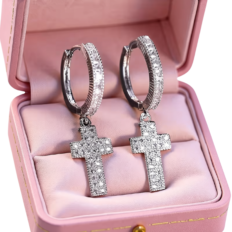 Cross Cubic Zirconia Hoop Drop Earrings