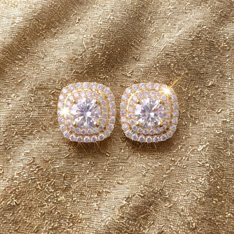 Square Double-Halo Cubic Zirconia Stud Earrings