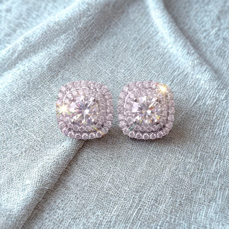 Square Double-Halo Cubic Zirconia Stud Earrings
