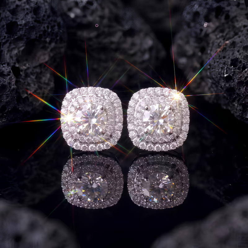 Square Double-Halo Cubic Zirconia Stud Earrings