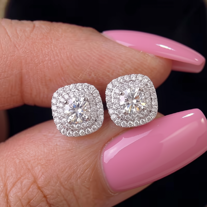 Square Double-Halo Cubic Zirconia Stud Earrings
