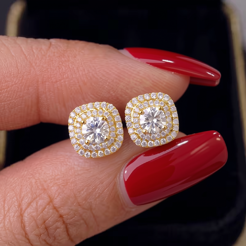 Square Double-Halo Cubic Zirconia Stud Earrings