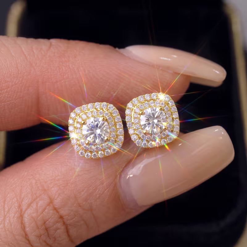 Square Double-Halo Cubic Zirconia Stud Earrings