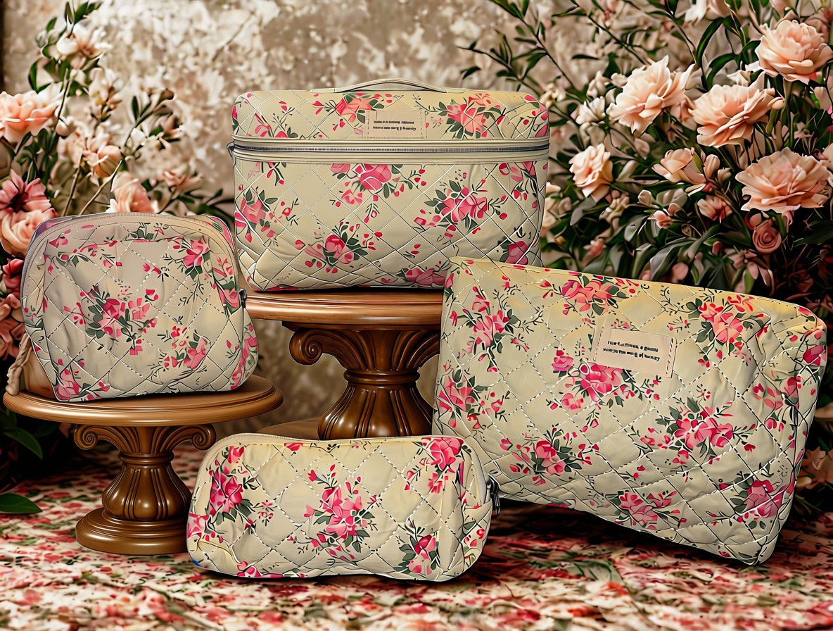 Four-piece cosmetic set showing interior compartments and zipper details